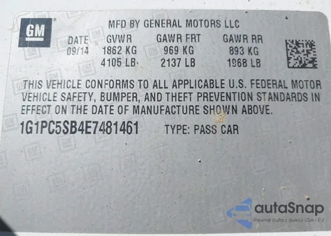 2014 Chevrolet Cruze 1Lt Auto z USA, uszkodzony, nr VIN 1G1PC5SB4E7481461